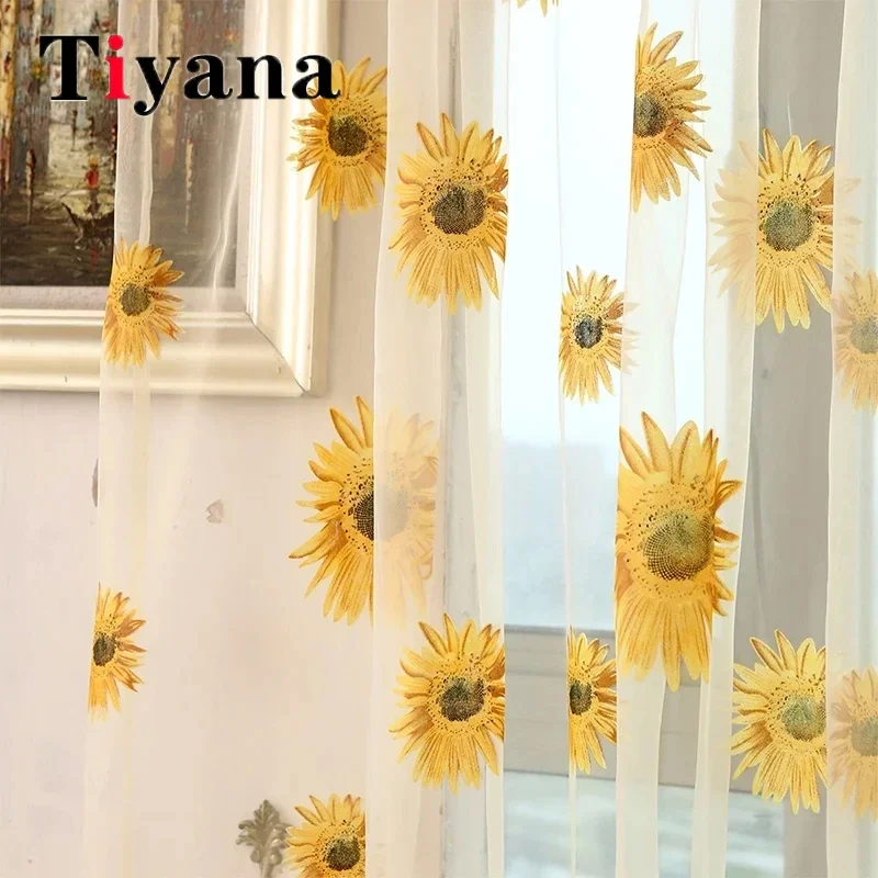 

Yellow Sun Flower Sheer Tulle Curtains For Living Room Bedroom Floral Voile Curtains Kitchen Window Yarn Drapes Blinds Cortinas