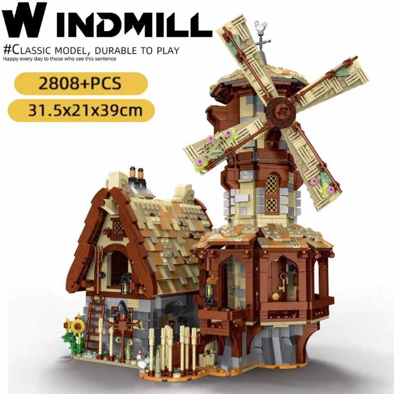 

MOC Street Views Medieval Windmill Building Block Ideas City Architecture Modular House Bricks Model Creative Expert Kids Toy