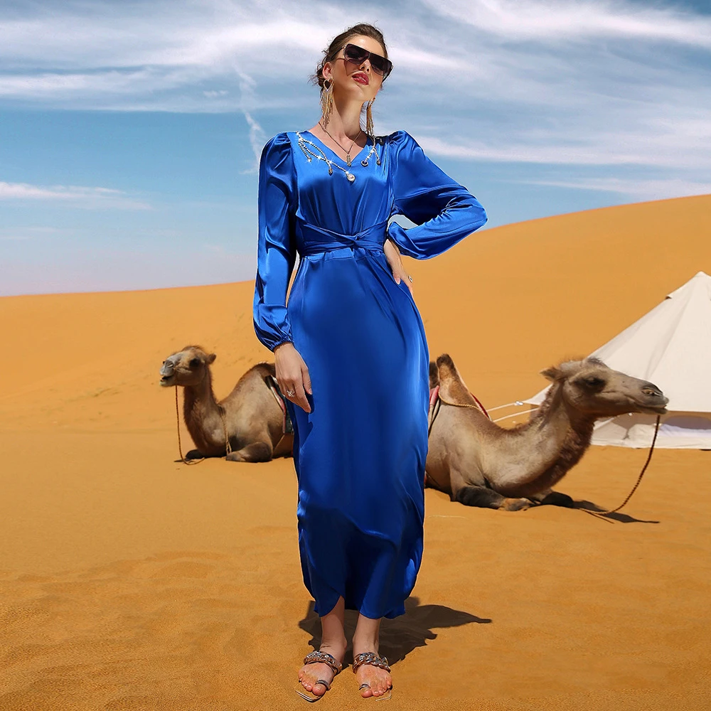 

Женское вечернее платье с длинным рукавом, синее платье с поясом