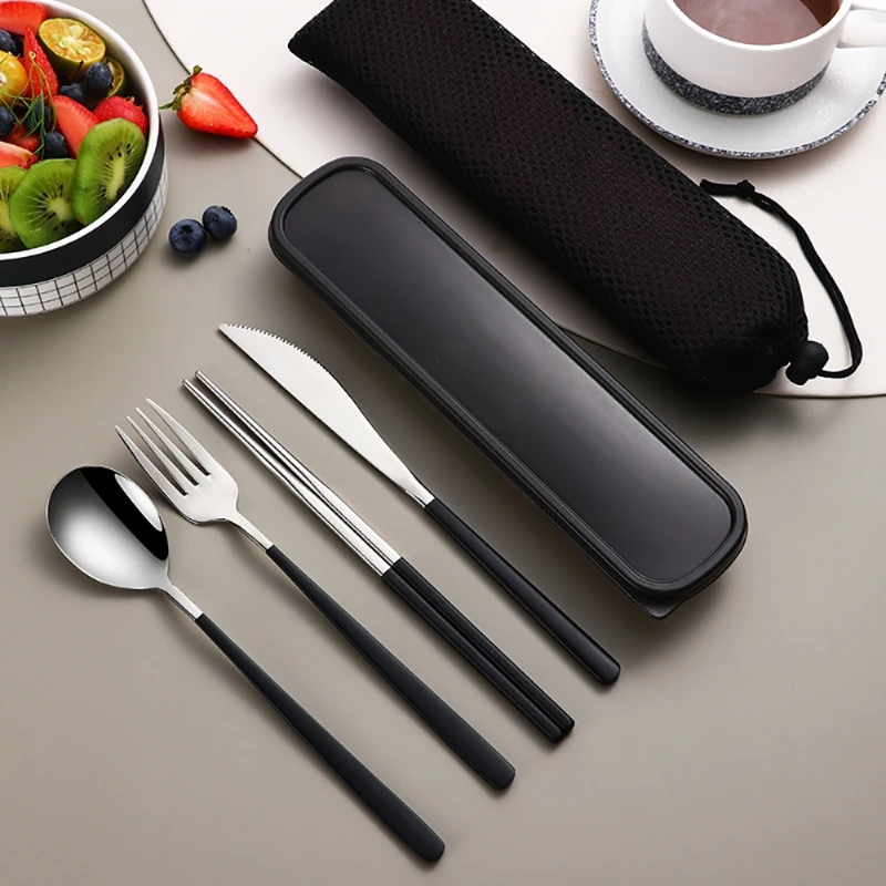 

Black 4 Pcs Dinnerware Set Stainless Steel Eco-friendly Spoon Fork Knife Chopsticks Travel Metal Cutlery Set Portable