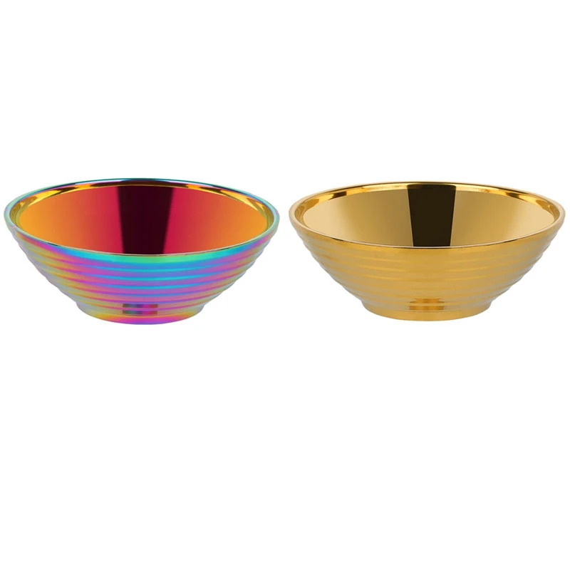 

2X Round Noodle Food Bowl Double Layer For Hot Pot Sauce Soup Rice Big Ramen Bowl Gold & Rainbow No.0