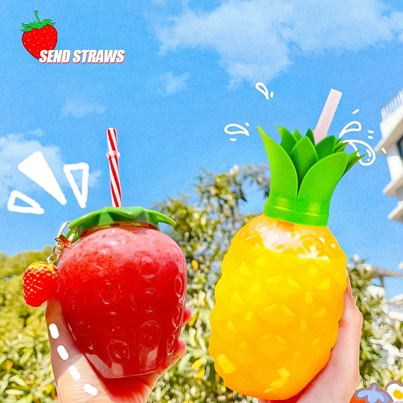 Spring Strawberry Straw Water Bottle Pineapple Portable Plas