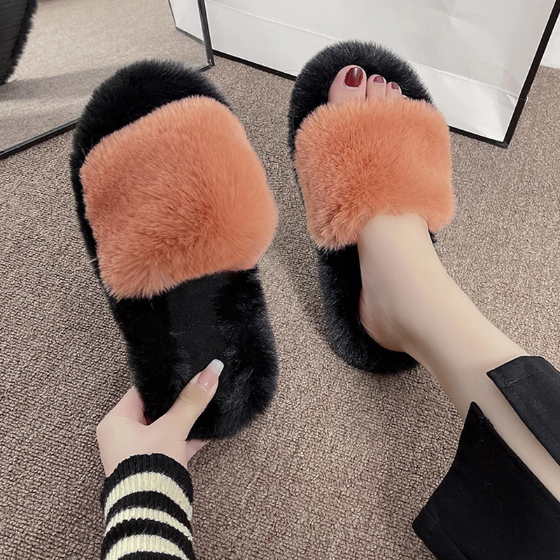 

Шлепанцы женские домашние, меховые сандалии на плоской подошве, шлепанцы из флока, роскошные массажные тапочки, бежевые