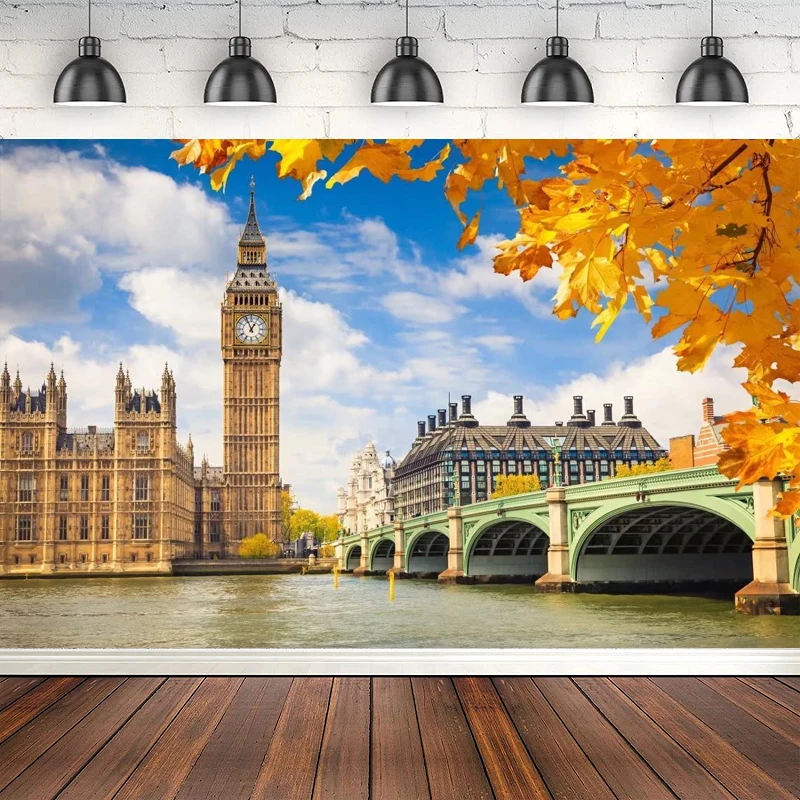 

Фон для фотосъемки с изображением дома парта Вестминстерского моста реки тамзы осенних листьев Живописный фон для путешествий в Лондоне