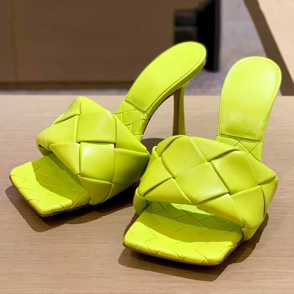 Women's Square Toe Cross Rhombus Weave Slippers Sexy Fashionable Stiletto High-Heel Sandals Dress Party Shoes Wedding Pumps