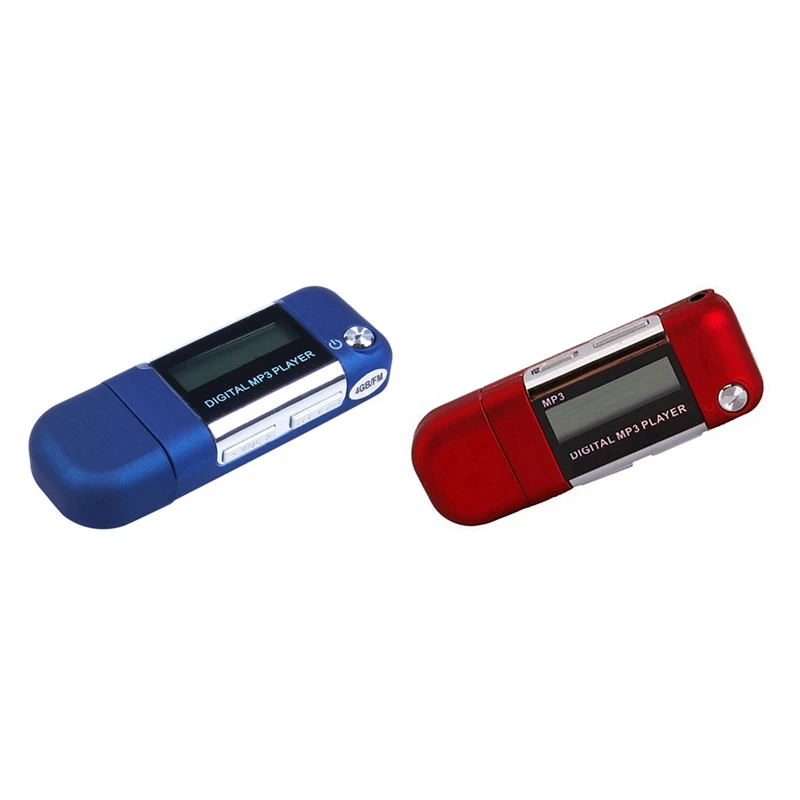 

2 Pcs Mp3 Player 4GB U Disk Music Player Supports Replaceable AAA Battery, Recording, Red & Blue