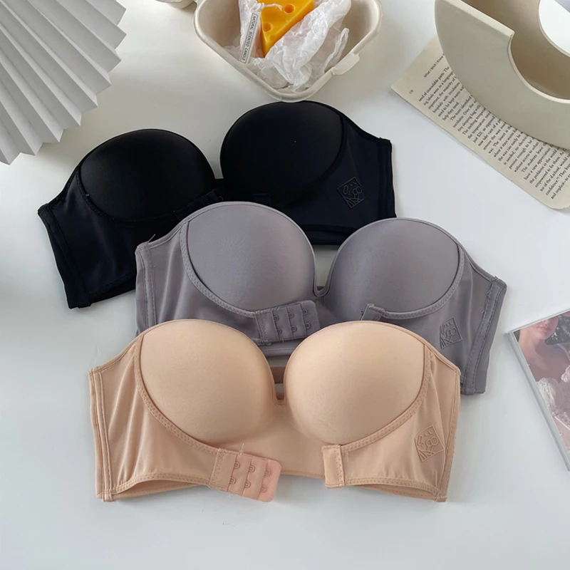 

Women Sexy Strapless Push Up Bra Front Closure Bralette Invisible Bras Underwear Lingerie 1/2 Cup Seamless Brassiere ABCD Cup