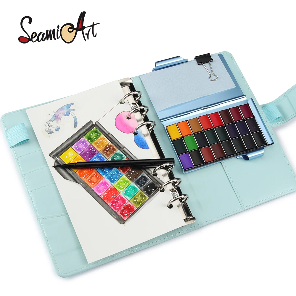 SeamiArt 24 Colors Profesionales Memo Pad Solid Watercolor Set Acuarelas with 1pc Metal Paint Brush Pen Palette Art Supplies