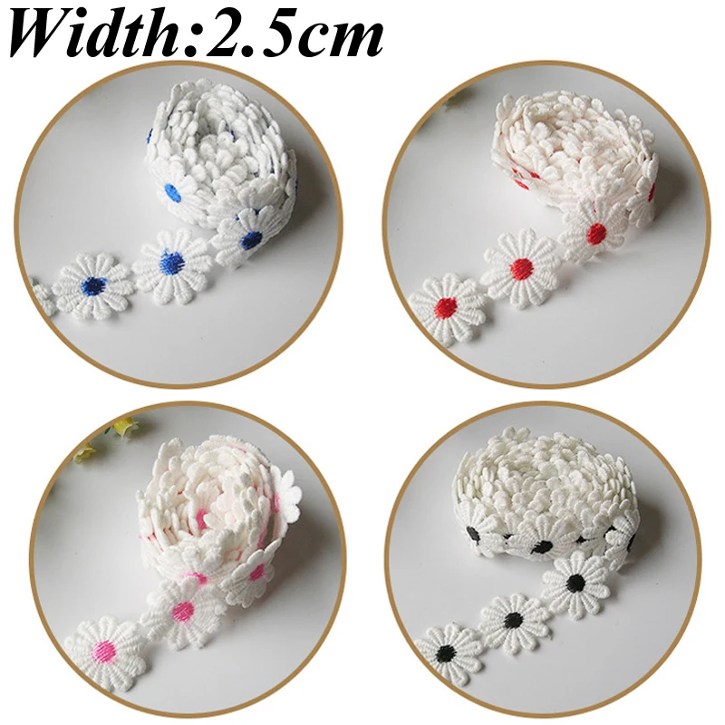 15/30yards 2.5CM White Embroidered Daisy Lace Fabric 3D Flowers Ribbon Sewing Trimming Decor For Dress Collar Hats Headwear |