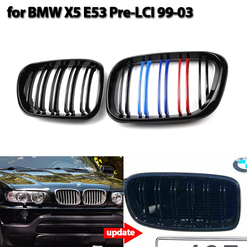 

2Pcs Car Style Gloss Black Front Kidney Double Slat Grill Grille for BMW X5 E53 Pre-LCI 1999 2000 2001 2002 2003 Accessories