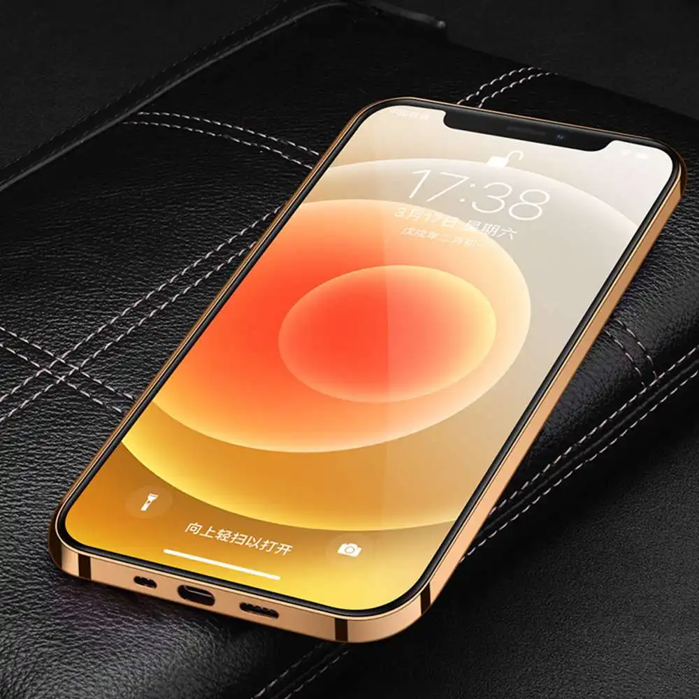 Genuine Leather Case for iPhone 13 12 11 14 Pro MAX Mini 12Pro 13Pro 11Pro 14Pro X XR XS Max Case Luxury Plating Soft Back Cover