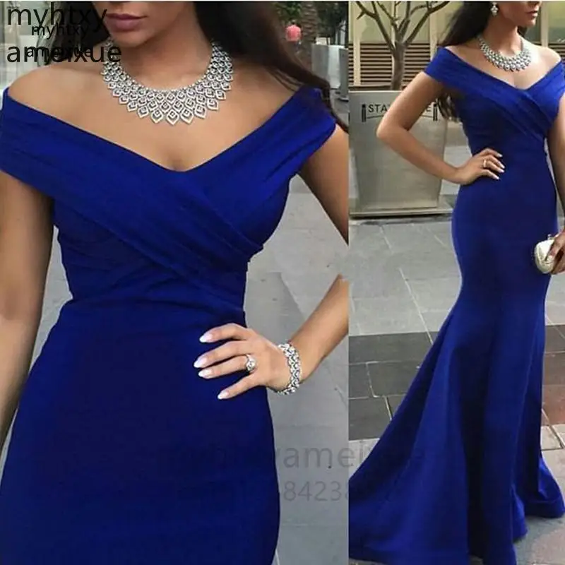 

Женское атласное платье-русалка, длинное синее платье с открытыми плечами и юбкой-годе, модель 2023