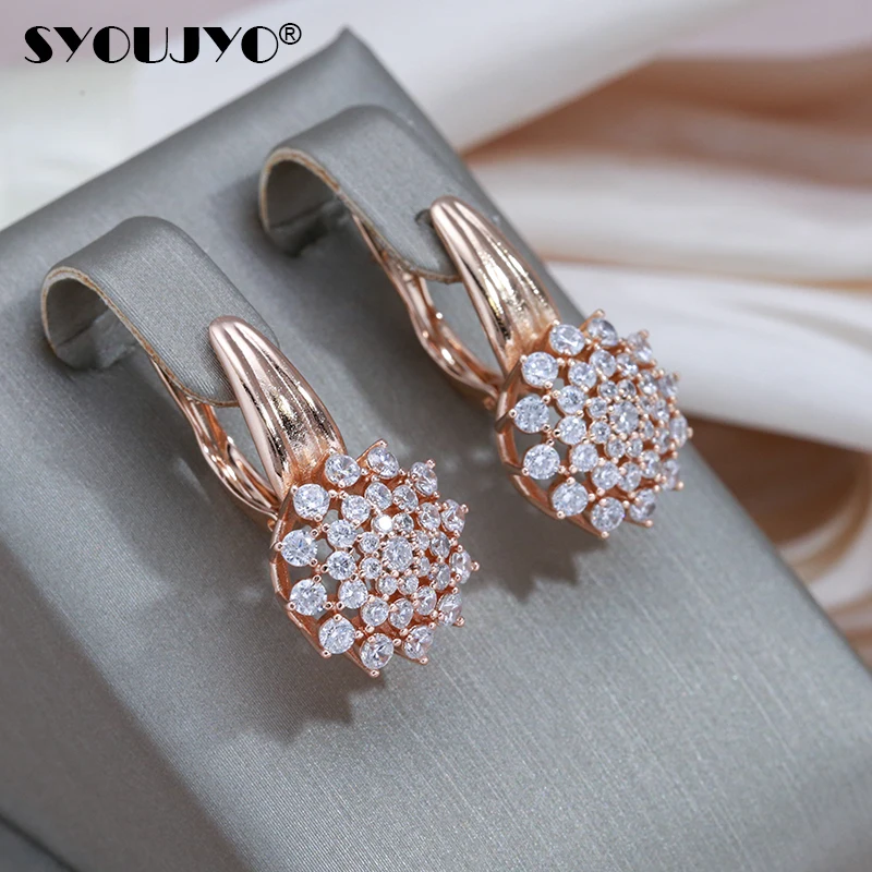 SYOUJYO Big Size Shiny Natural Zircon English Earrings For Women 585 Rose Gold Color Jewelry Trendy Vintage Party Flower Earring