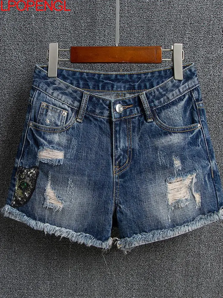 

New Summer Women Fashion Straight Style Water Wash Hem Rolled-up Denim Shorts Female Trendy Vintage Cotton Ripped Casual Bottom