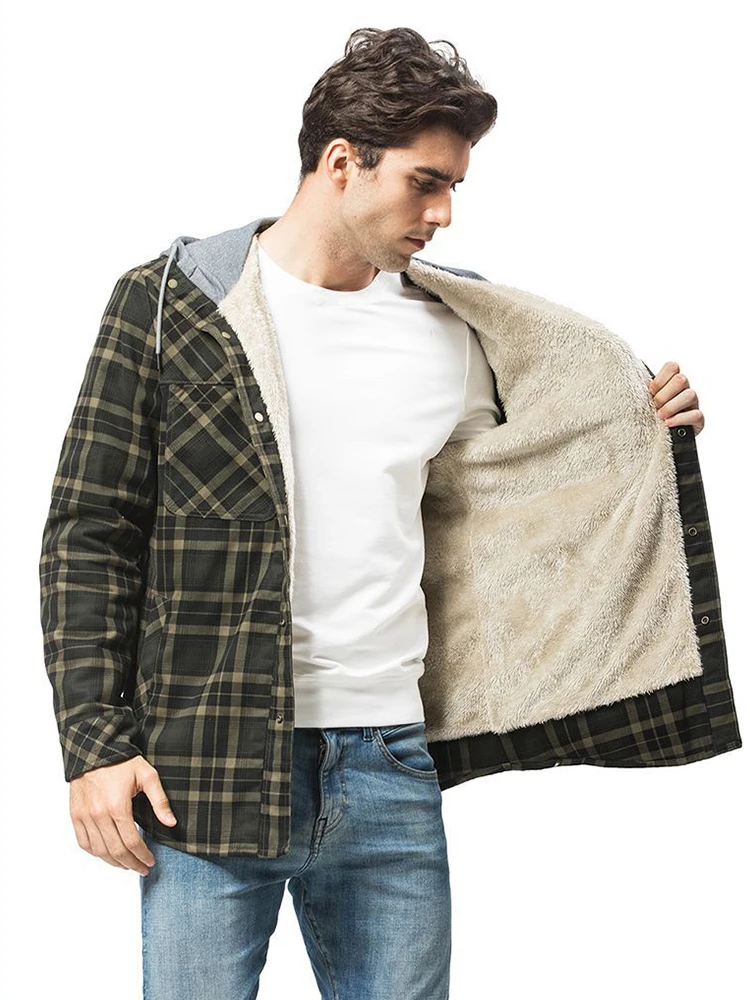 

Зимняя клетчатая куртка с капюшоном HOUZHOU, пальто, бархатная Утепленная Мужская рубашка, мужские хлопковые свободные рубашки с длинным рукавом, Повседневная Уличная одежда