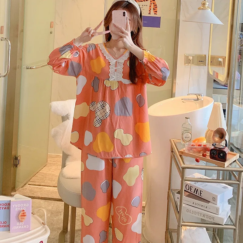 New School Student Pajamas White Lace Long Sleeve Sexy Sleepwear Women's Lounge Nightdress Pijama Set