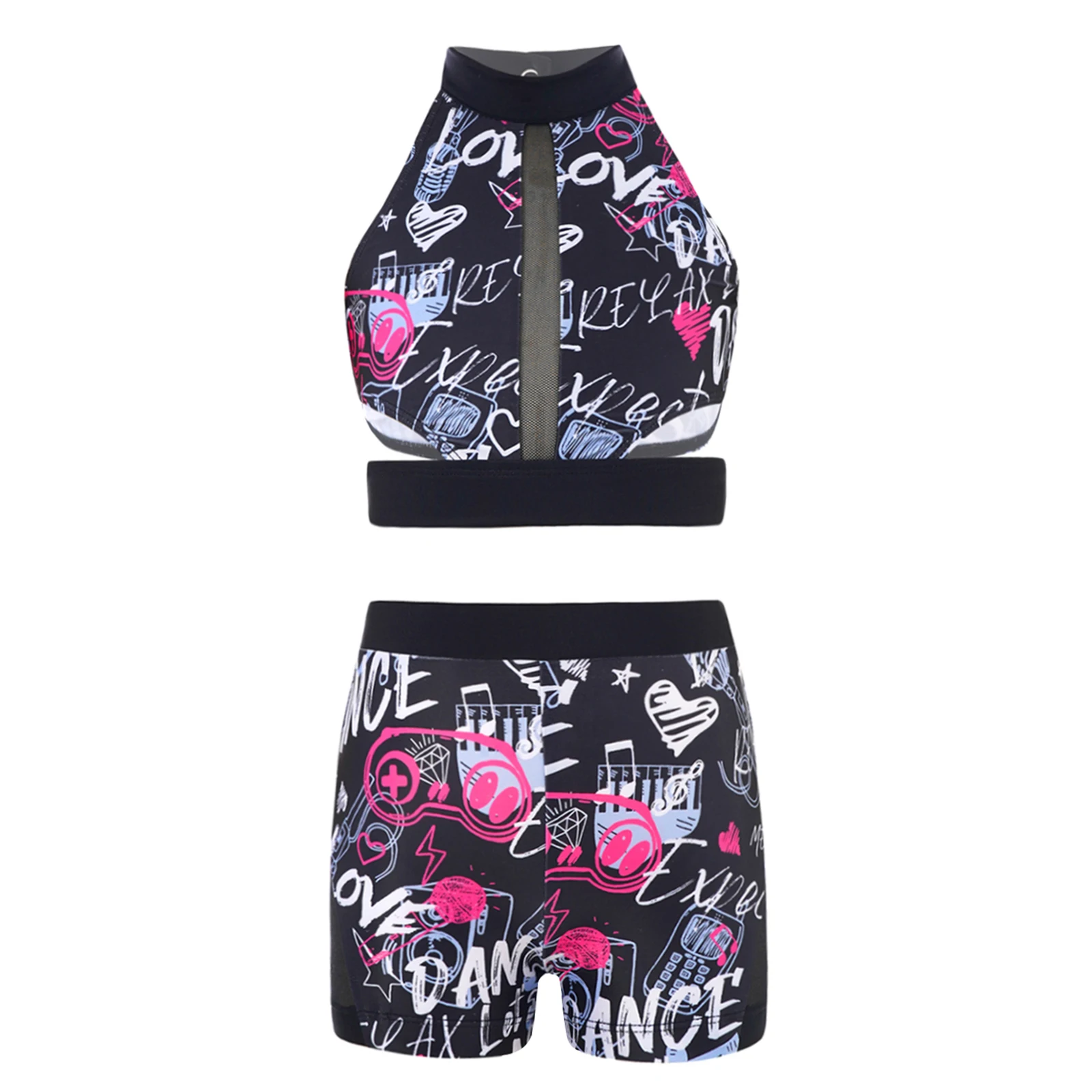 

Kids Girls Sport Suit Graffiti Print Sleeveless Open Back Tank Crop Top And Shorts Set Activewear For Ballet Dance Gymnastics