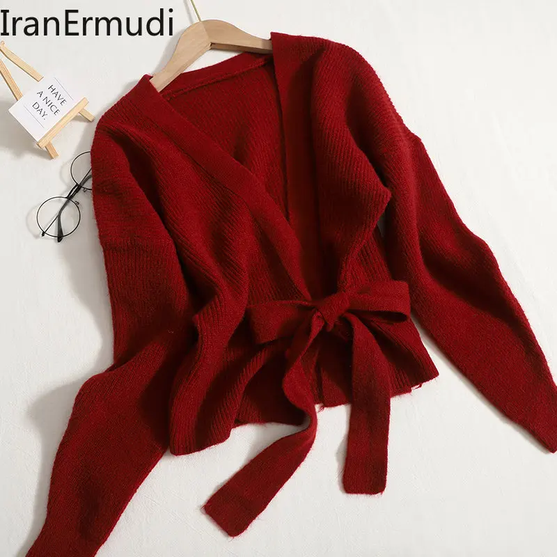 

Iranermudi Vintage Women Lace Up Sweater Casual Loose Knitted V Neck Sweaters New Tops Women Clothes Bandage Fashion Jumpers