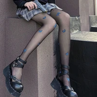 women girls blue butterfly print pantyhose summer silky ultra thin japanese lolita seamless tights stockings