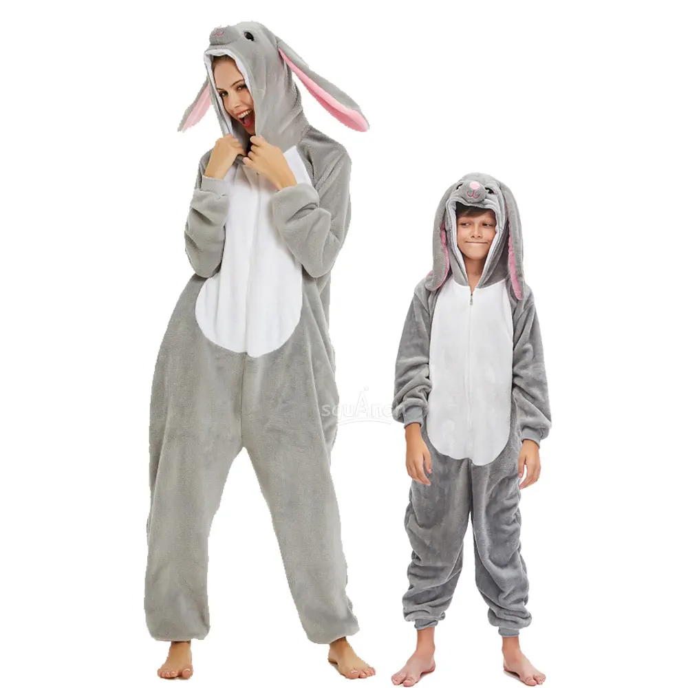 Family Matching Pajama Bunny Onesie Halloween Mother Kids Outfits Zipper Rabbit Kigurumis Winter Warm Jumpsuit Party Overalls
