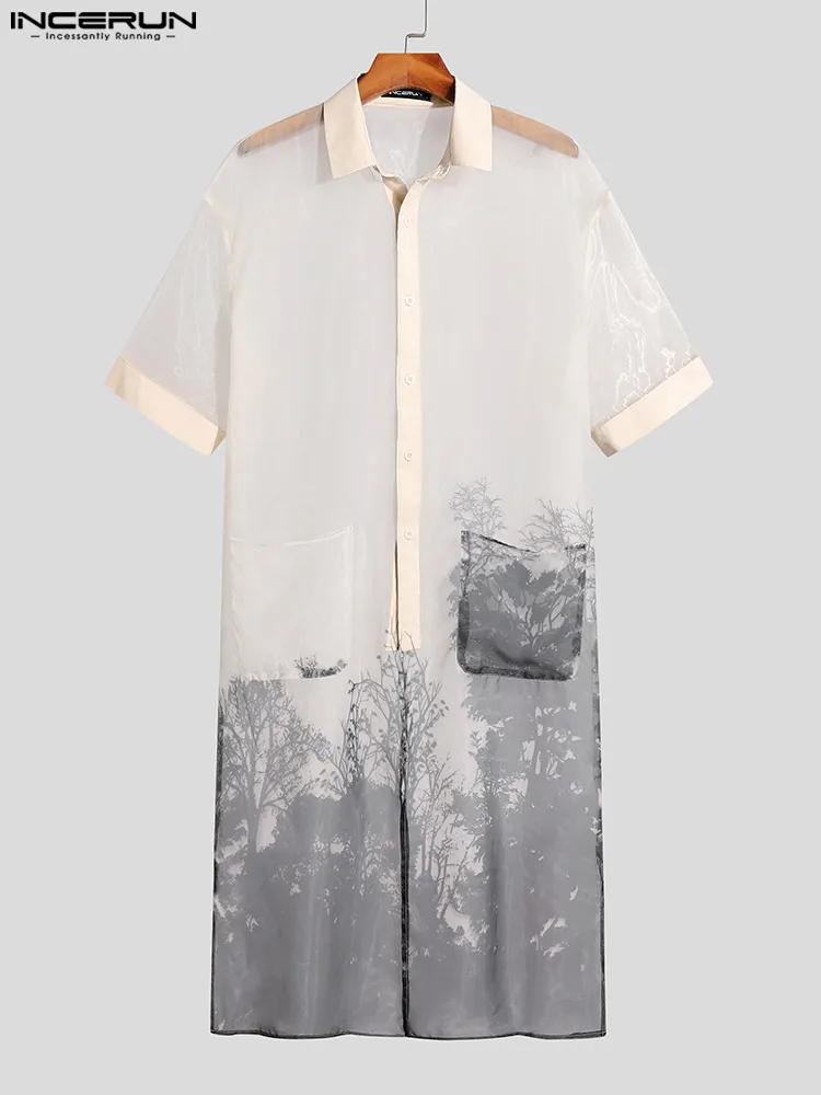 INCERUN Tops 2022 Chinese Style New Men landscape Printing Shirts Casual See-through Short-sleeved Cardigan Buttons Blouse S-5XL