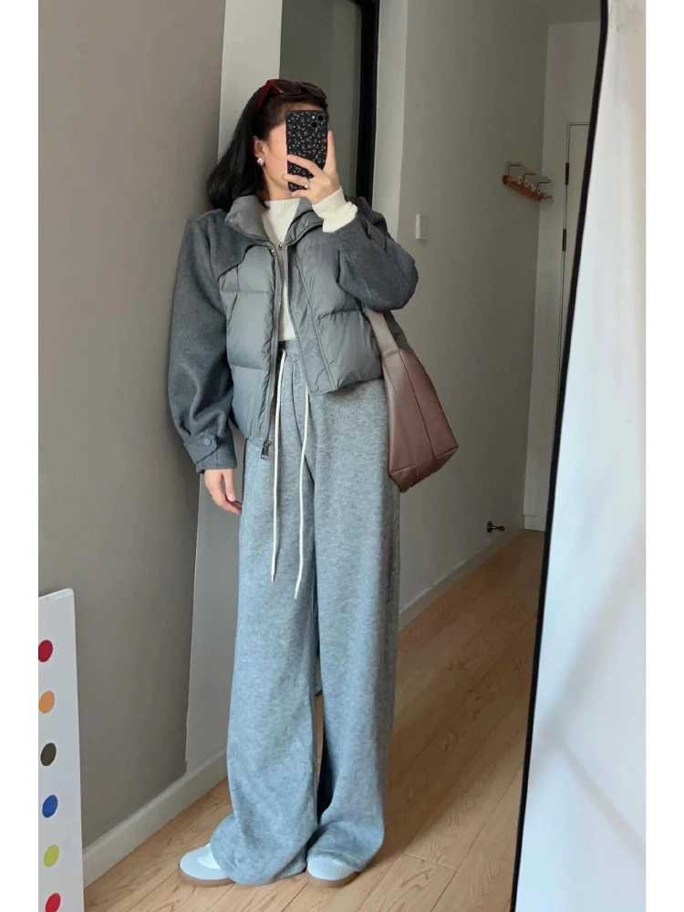 Early Autumn with A Complete Set Lazy Relaxed Feeling Wear Gray Patchwork Cotton-padded jacket Outerwear Casual Wide-Leg Pant...