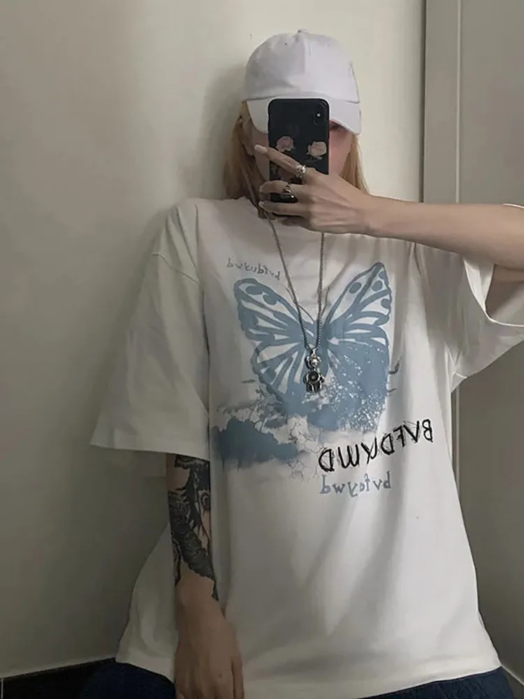 Женская футболка с принтом бабочки винтажная свободная в Корейском стиле