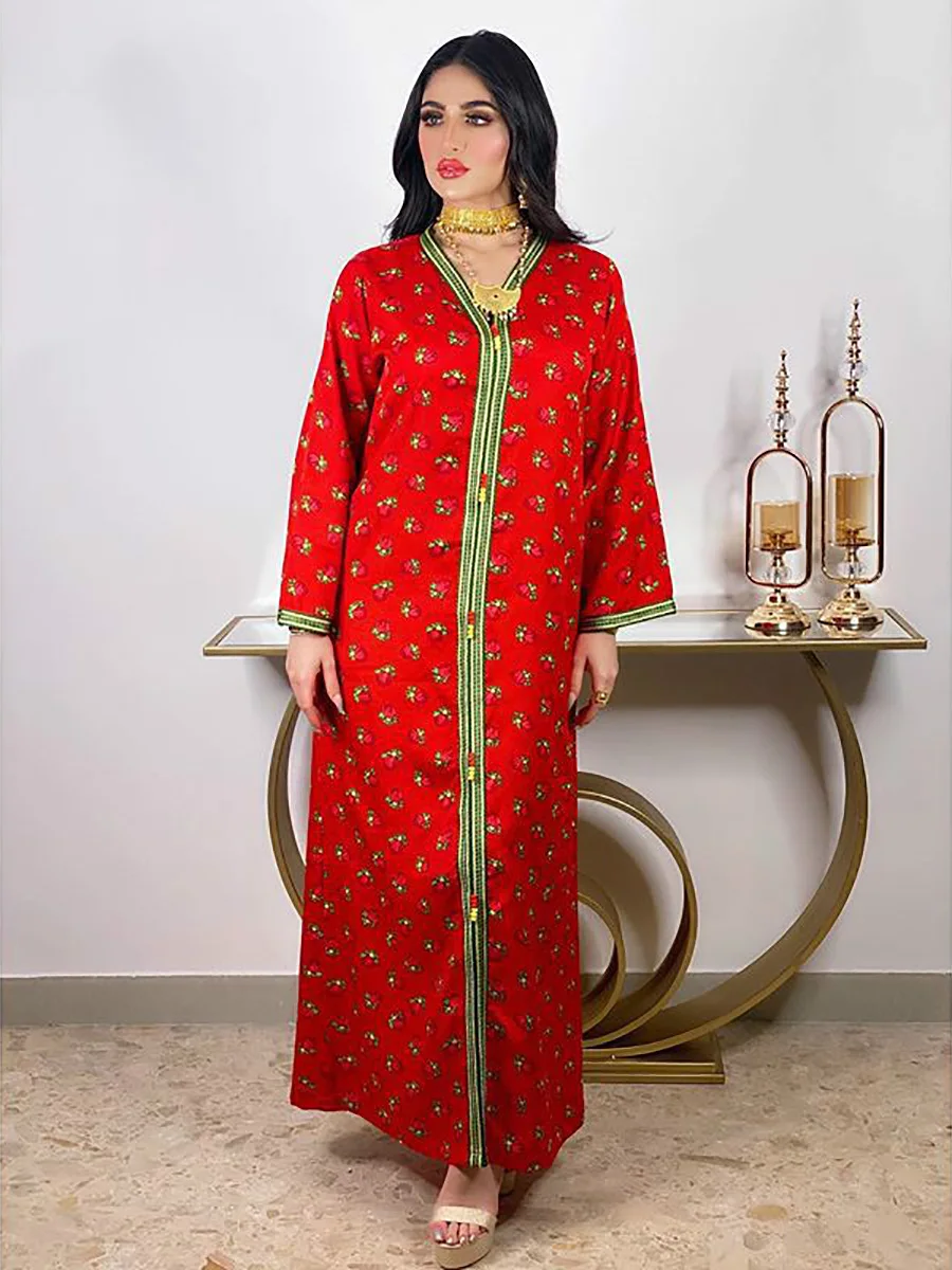 

Eid Mubarak Muslim Women Abaya Dress Islamic Red Ribbon V Neck Floral Print Abaya Turkey Arabic Dubai Islam Cardigan Hijab Gown