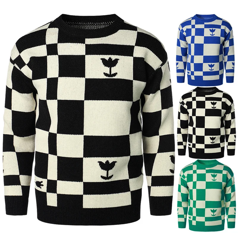 

Новый молодежный вязаный свитер в клетку с круглым вырезом, теплые мягкие повседневные трендовые топы, мужская одежда