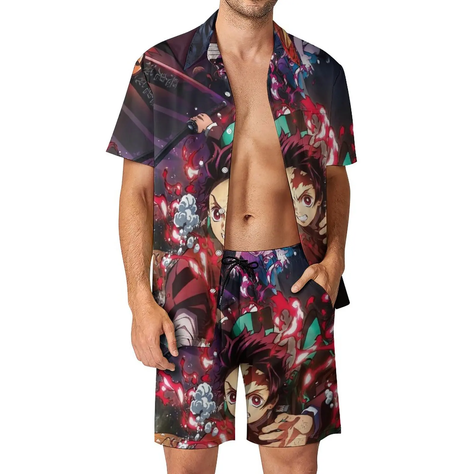 

Мужские комплекты с аниме «рассекающий демонов», забавная уличная одежда Nezuko, повседневный комплект рубашки, шорты с коротким рукавом и рисунком, летний костюм для отпуска, женский