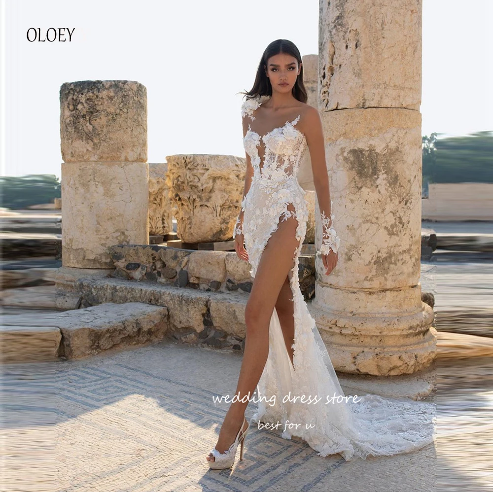 

OLOEY Modern Lace Applique Mermaid Wedding Dresses Sheer Long Sleeves 3D Flowers Split Bridal Bride Gowns Robe de mariage 2023