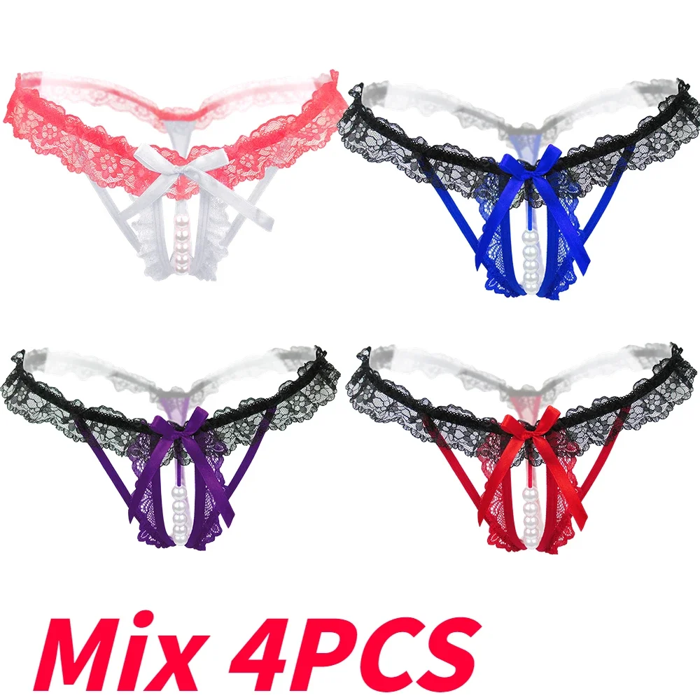 

Кружевные женские трусики, прозрачные G-стринги с бисером, 4 шт., соблазнительное нижнее белье, женское нижнее белье с бантом, нижнее белье с открытой промежностью