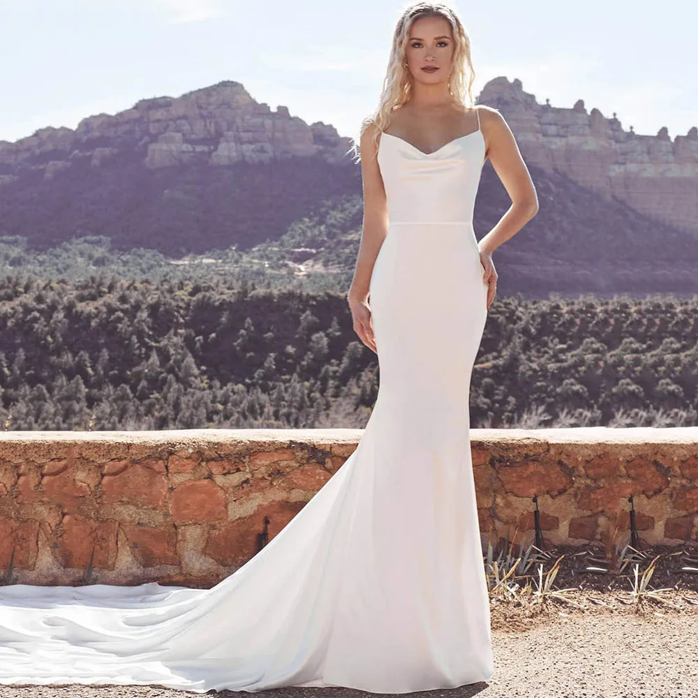 

Simple Mermaid Sleeveless 2022 Wedding Dresses Strapless Open Back Spaghetti Straps Sweep Train Formal Bridal Gowns For Women