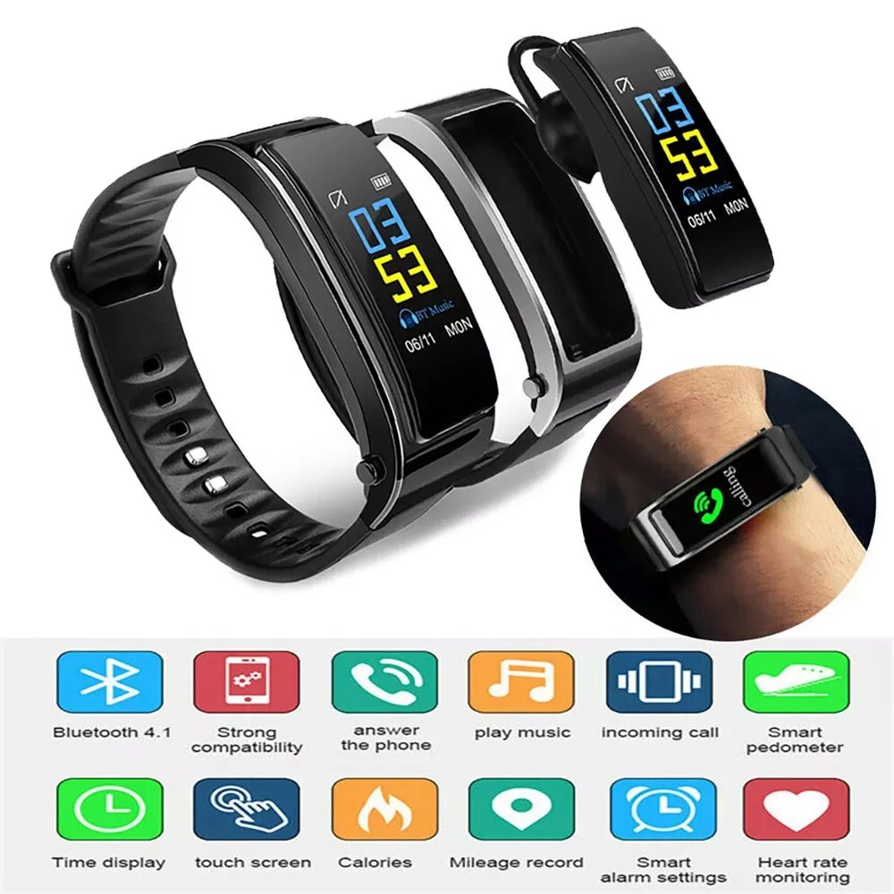 

2 in 1 Smart Watch Bracelet with Bluetooth Earphone Call Listen Music Message Reminder Pedometer Sport Fitness Tracker Clock