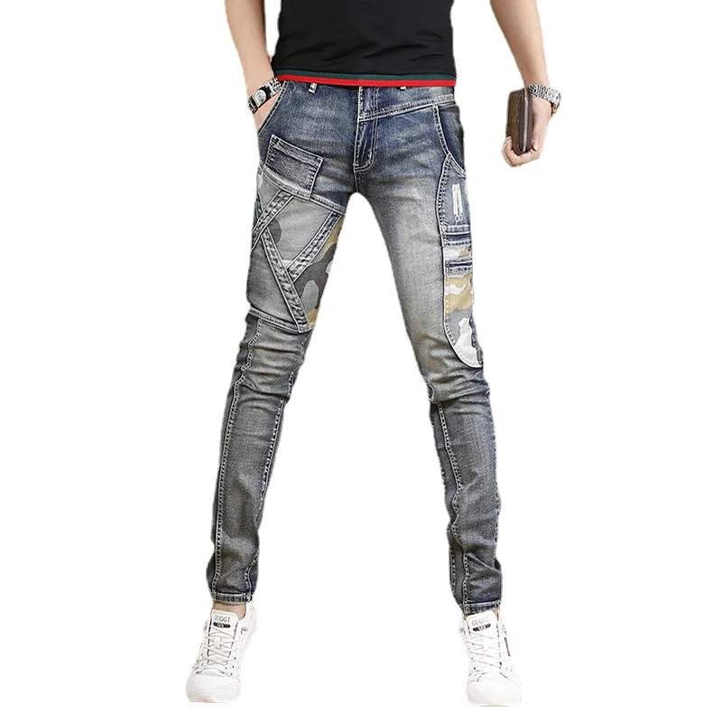 Autumn Men Blue Jeans Camouflage Patchwork Pants Streetwear Casual Slim Fit Denim Trousers