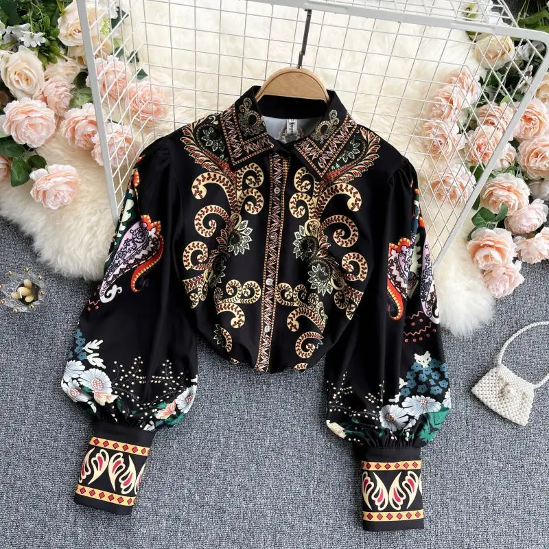 

2022 New Spring Design Vintage Totem Print Female Blouses Lantern Sleeve Turn Down Collar Single-breasted All-match Shirt Tops