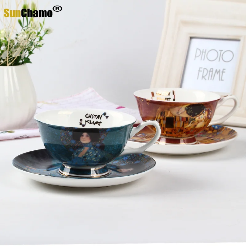 

Creative European Bone China Coffee Mugs Suit Simple Afternoon Tea Cup Gustav Klimt Art Paintings MJ826