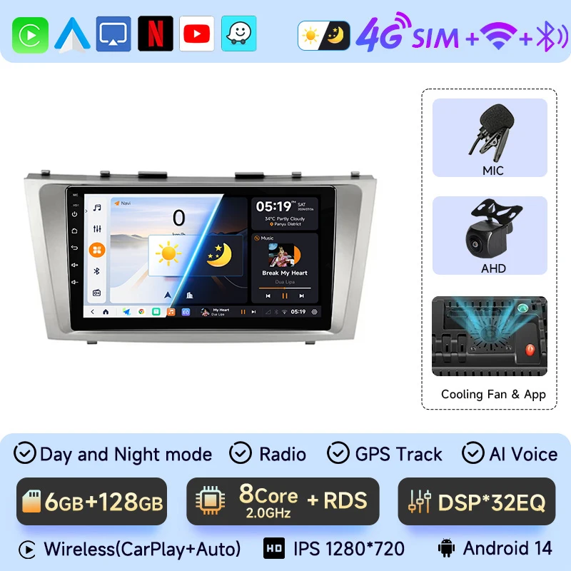 

2 din 9 "4G Carplay Android 13 Автомобильный радиоприемник Мультимедийный видеоплеер для Toyota Camry 7 XV 40 50 2006-2011 Навигационный GPS-навигатор