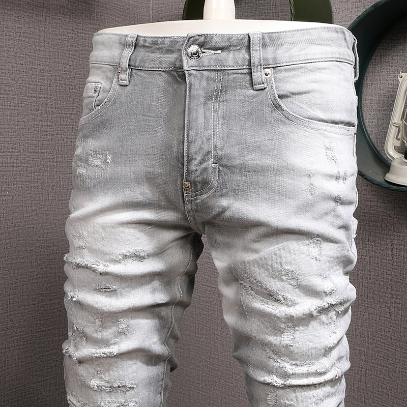 Streetwear Fashion Men Jeans Retro Light Gray Stretch Slim Fit Destroyed Ripped Jeans Men Vintage Designer Brand Pants Hombre