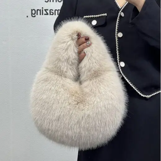 

Fashion Soft Plush Half Moon Bags for Women Designer Fluffy Faux Fur Lady Handbags Luxury Small Tote Female Winter Purse가방 2023