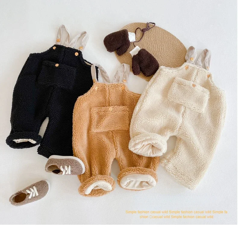 

Kids Overalls Children Clothing Strap Pants Winter Boys Girls Large Pocket Baby Trousers Velvet Warm 2023 Warm Pocket