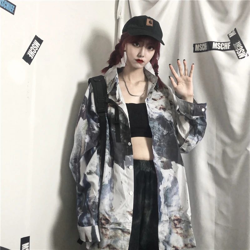 

Harajuku Style Ink Print Loose Shirt Hip-hop Men and Women Early Spring Long-sleeved Shirt Top Control Women Shirt