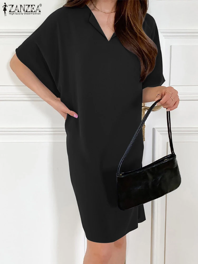 

Повседневное свободное платье ZANZEA с V-образным вырезом, простое мешковатое летнее женское мини-платье, однотонное праздничное элегантное к...