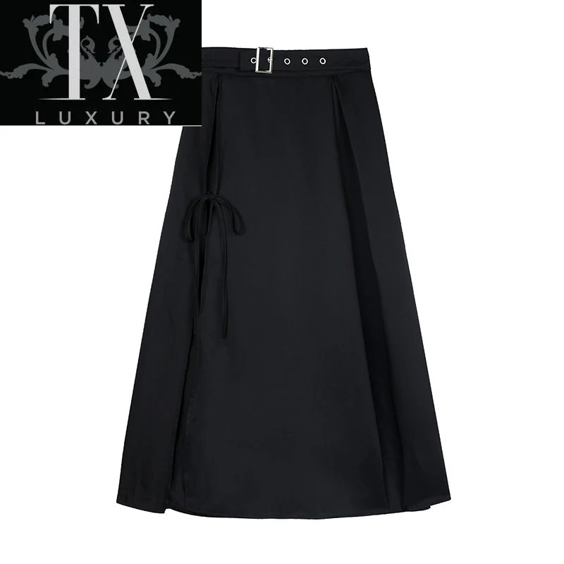 

Summer New Style Y2K Irregular Black High Waist Long Skirt With Sashes Female Punk Gothic Streetwear Sexy Side Slit Skirts