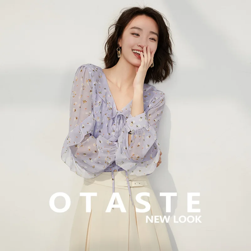 

French Silk Shirt with Design Sense 2023 Spring New Lotus Leaf V-neck Long-sleeved Printed Mulberry Silk Shirt RUFFLES Sleeve