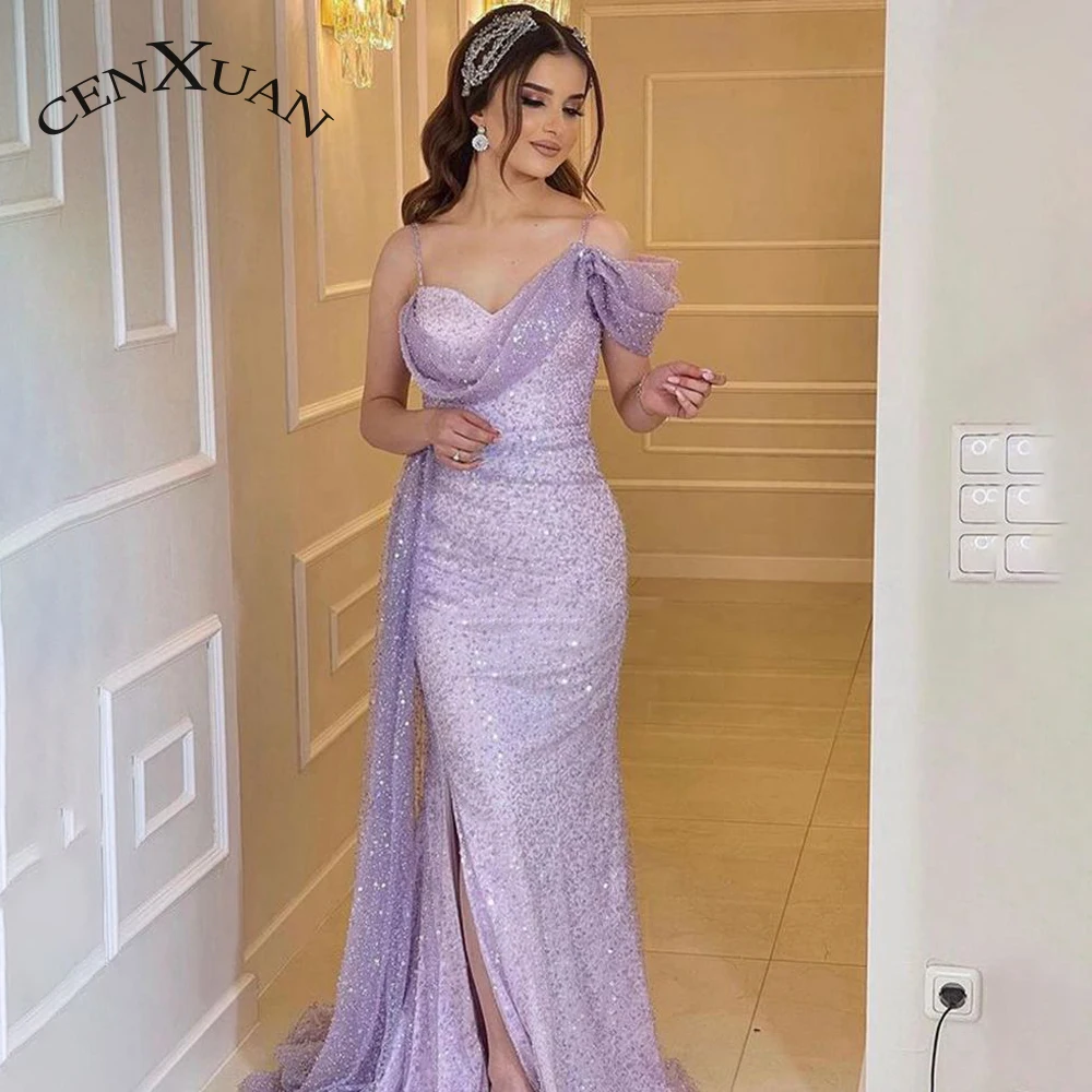 

Cenxuan Charming Sweetheart Mermaid Glitter Sequined Beading Spaghetti Strap One-Shoulder Prom Evening Dress Customised De Gala