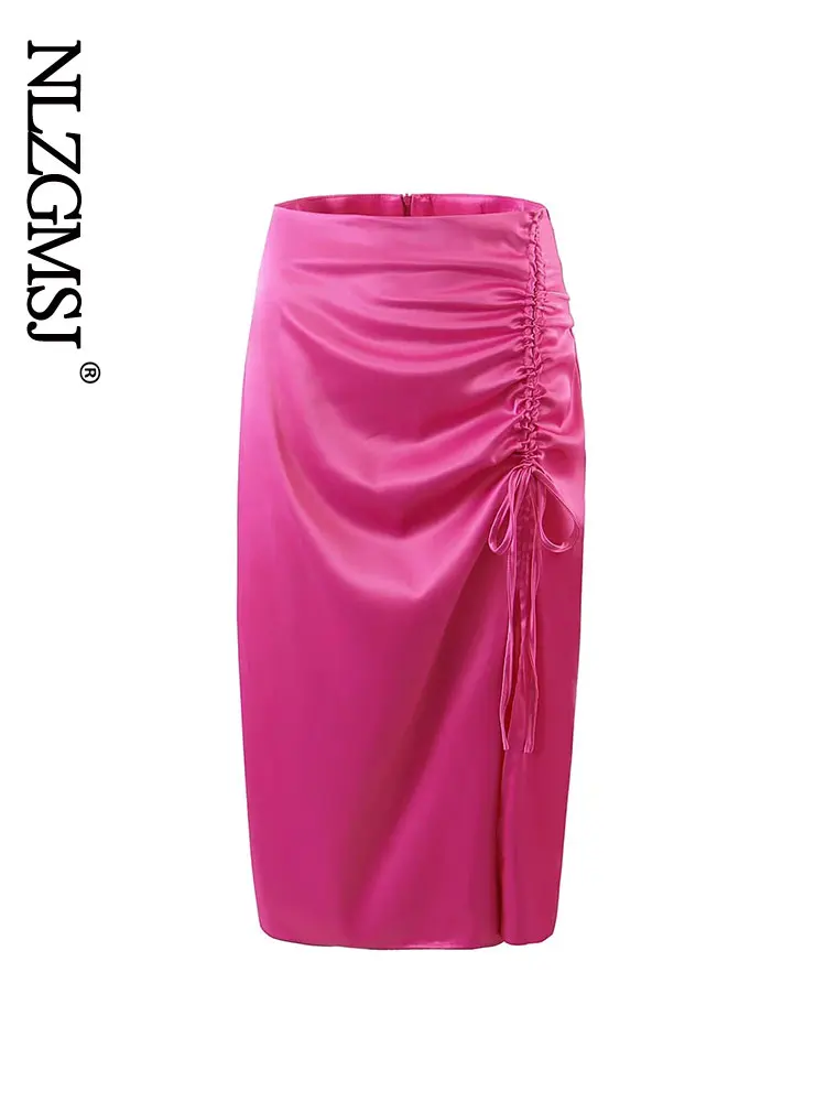 

Nlzgmsj 2023 Satin Skirt Women Ruched Split Long Skirts Woman Fashion High Waist Skirt With Slit Spring Elegant Midi Skirts