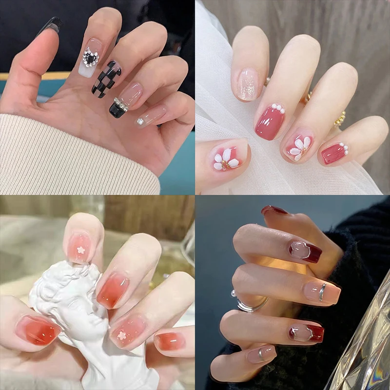 

24Pcs Short Square Length Ballerina Warm Pink Gradient False Nails Star Flower Checkerboard DIY Artificial Fake Nails With Glue