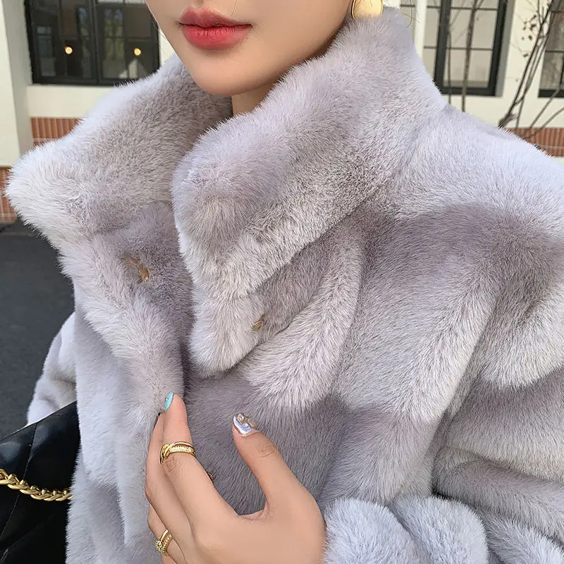 Winter New Loose Long Faux Fur Coat Women Solid Stand Collar Thick Warm Fluffy Jacket Female Clothing Korean Fashion Tops Parkas