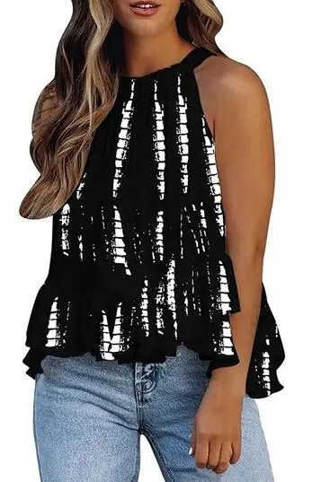 

2023 New Fashion Print Round Neck Neck Tie Up Sexy Sleeveless Shirt Women Clothing